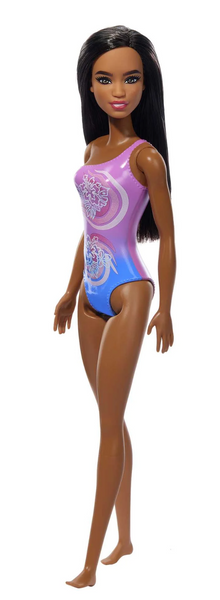 Beach Barbie Doll with Dark Brown Hair Wearing Tropical Purple One-Piece Swimsuit